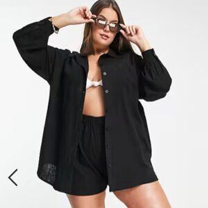 NWT ASOS DESIGN Curve oversized natural beach shirt in black, Size 16 US